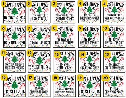A 20-card Christmas joke card set arranged in a grid. Each card features a humorous holiday phrase starting with 'MOST LIKELY TO' and ending with 'IN', accompanied by a simple graphic of a green Christmas tree, candy canes, and snowflakes on a white background with a yellow numbered header.