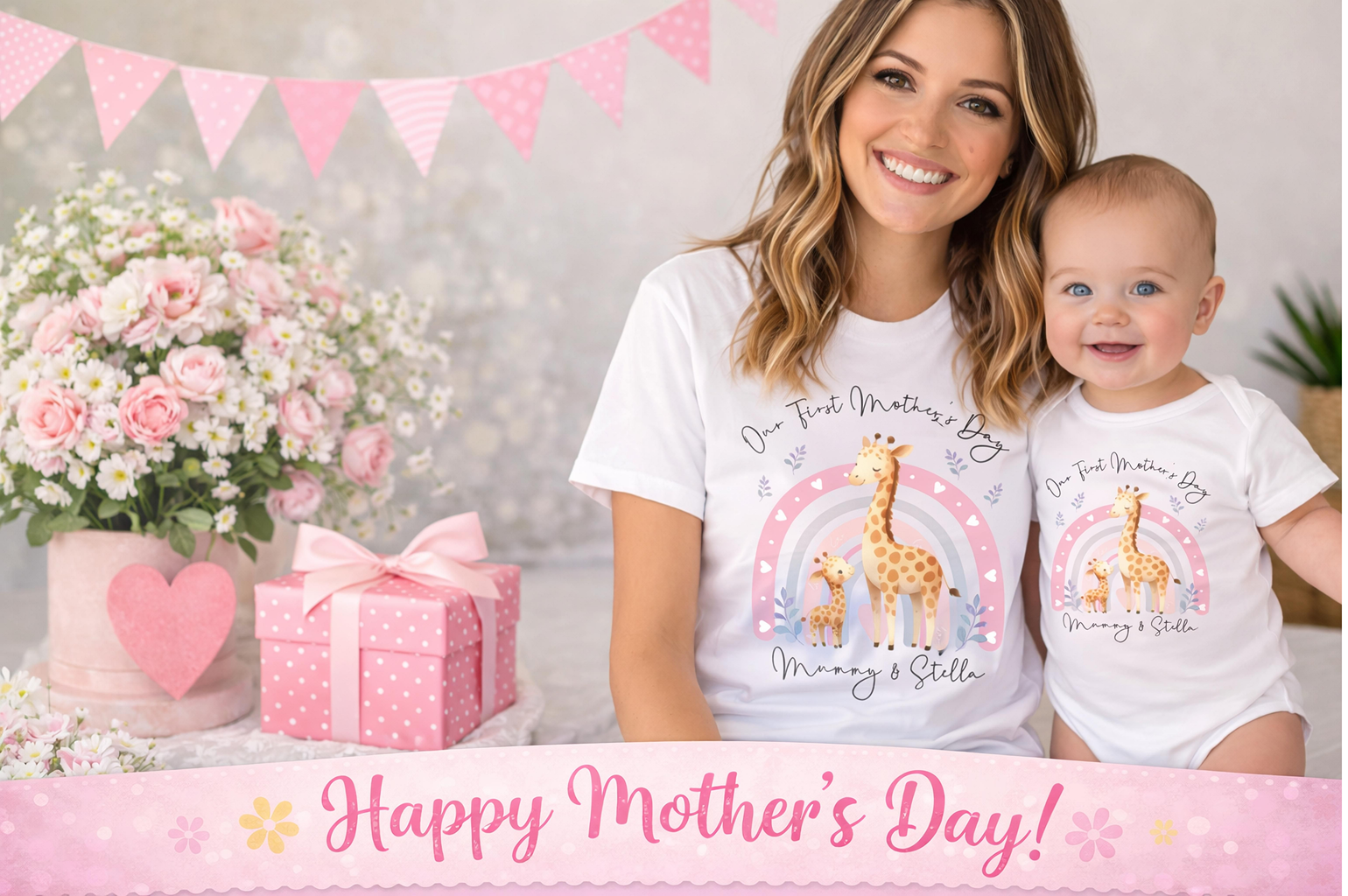 Woman and baby wearing matching 'Happy Mother's Day' shirts with giraffe design, surrounded by flowers and a gift.