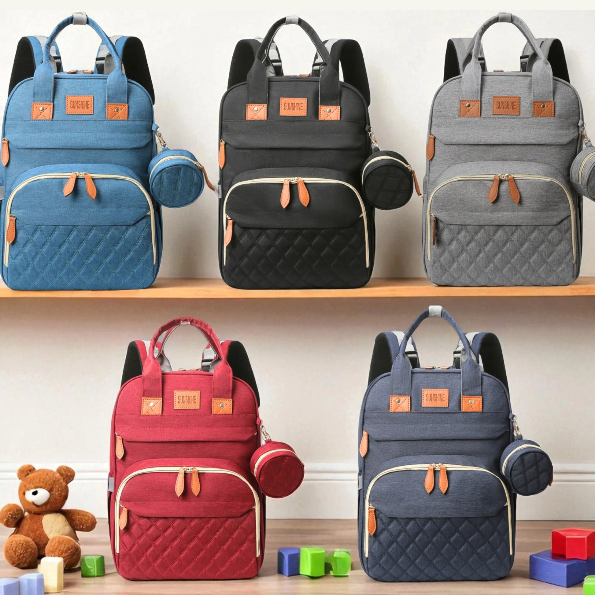 Collection of colorful backpacks on shelves with toys around