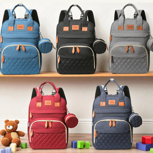 Collection of colorful backpacks on shelves with toys around