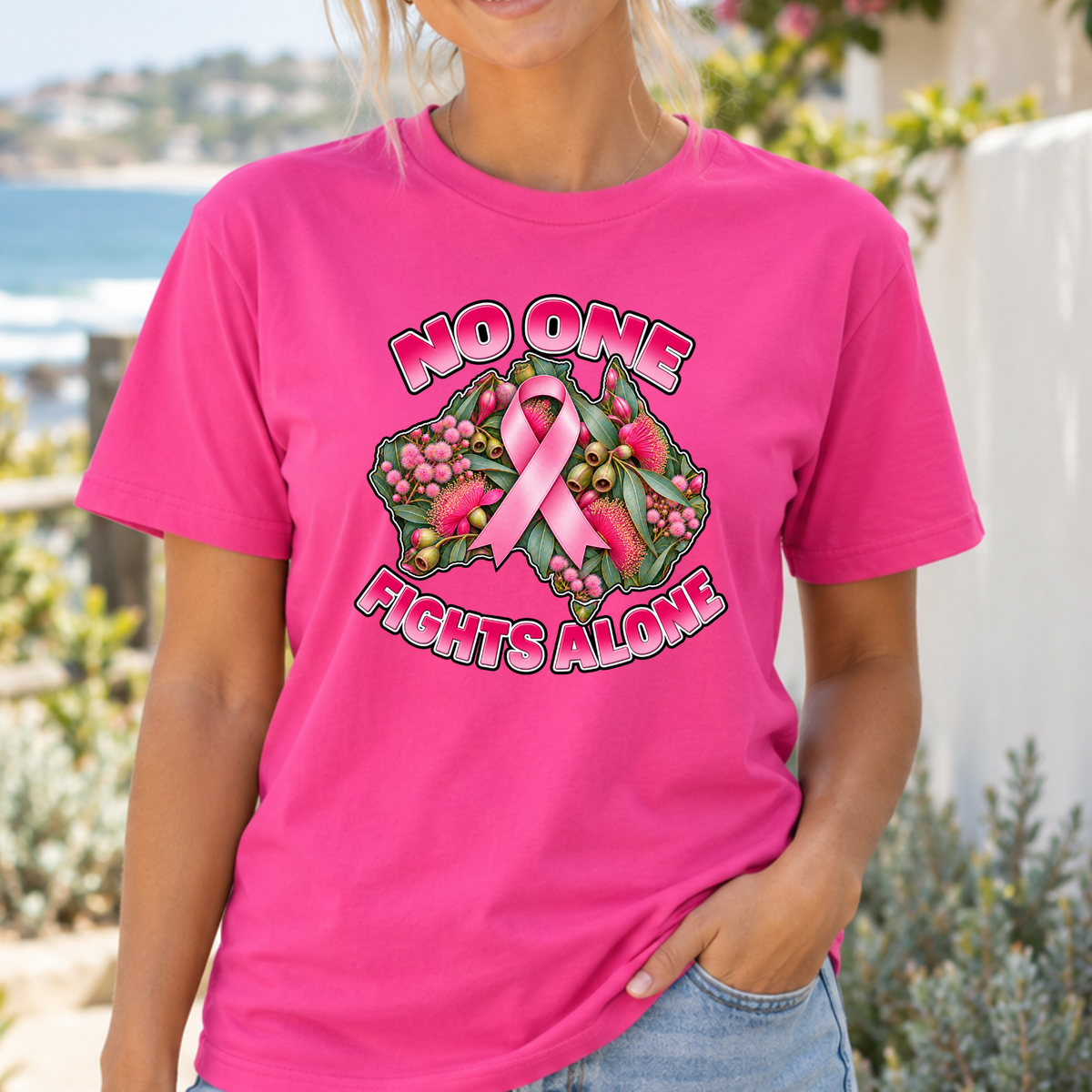No One Fights Alone Australian floral breast cancer awareness shirt with pink ribbon