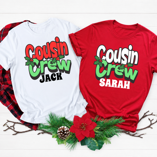 Personalised Cousin Crew Christmas T-shirts with individual names shown on black, white, red and kelly green shirts
