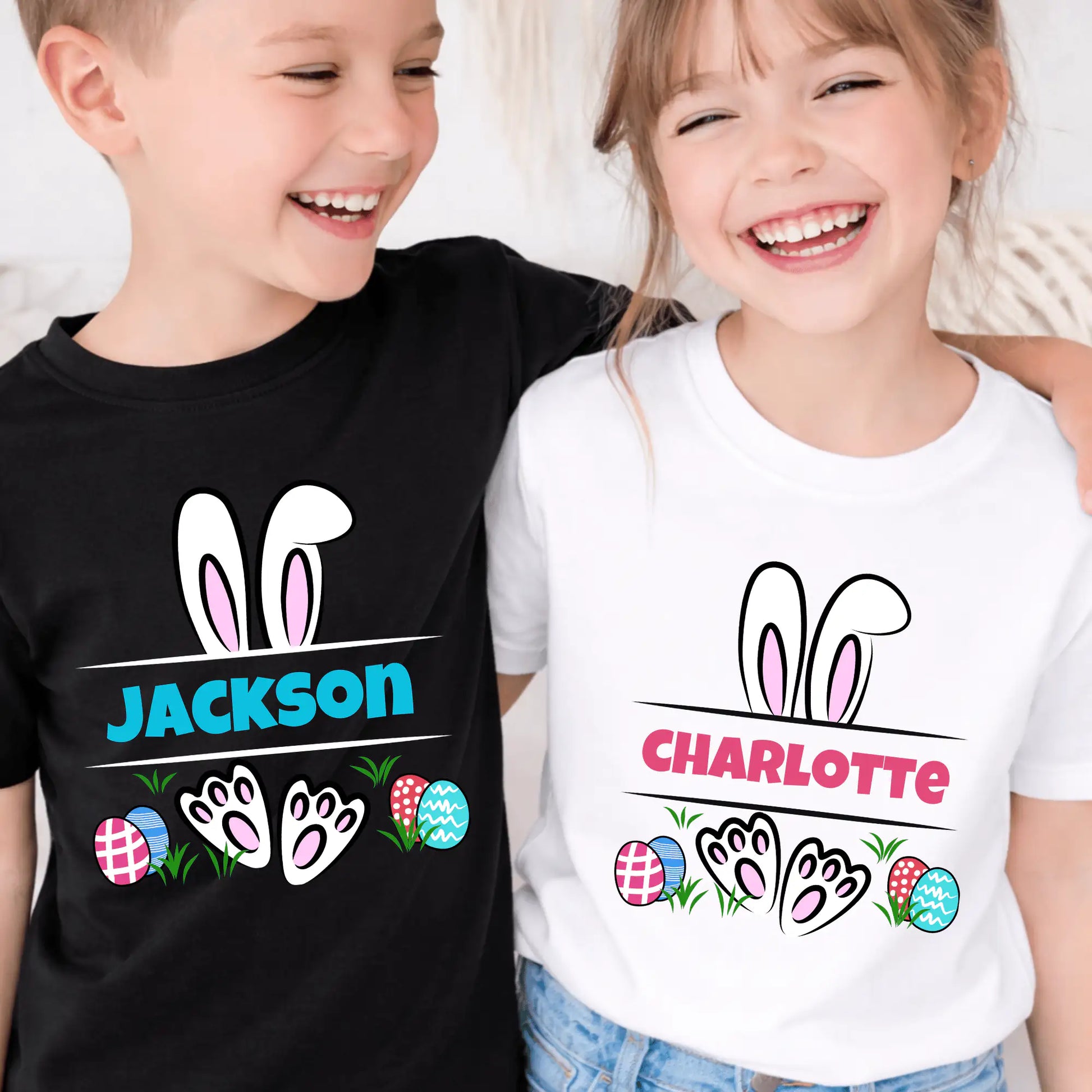 Personalised kids Easter bunny shirts with custom names for siblings, matching Easter t-shirts