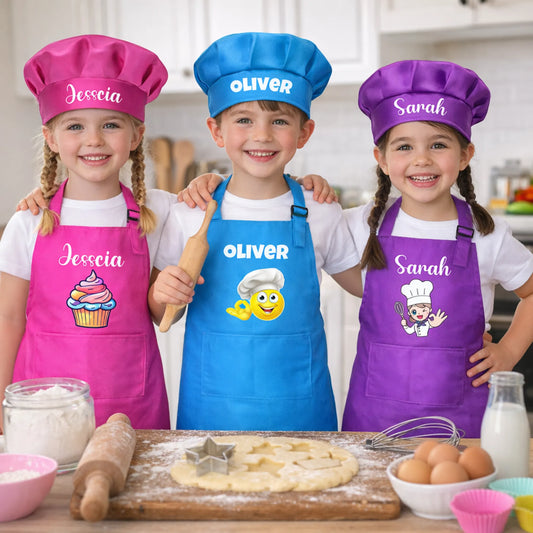 Colourful Kids Aprons and Chefs Hat with personalised or custom names