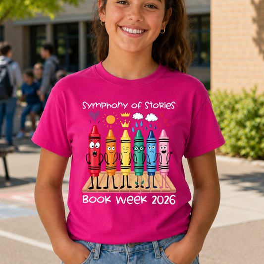 Girl wearing a pink t-shirt with crayon characters and 'Symphony of Stories' text, standing outdoors.