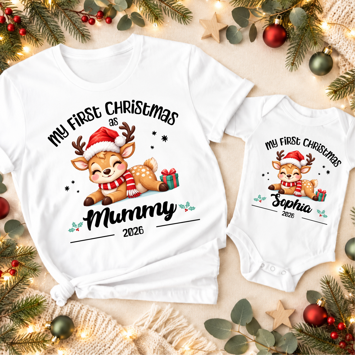 Personalised First Christmas Matching T-Shirts & Onesies